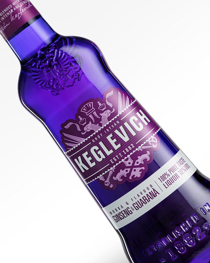 Dettaglio del fronte della bottiglia di Keglevich Ginseng & Guaranà